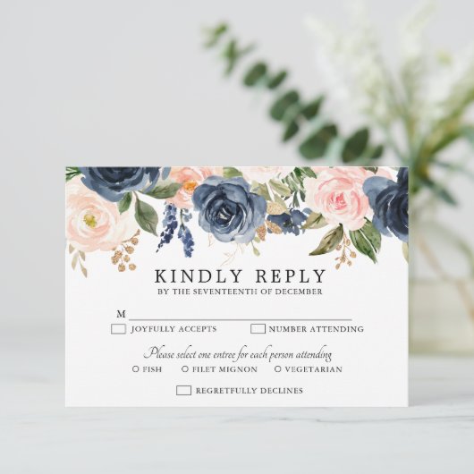 Navy Blue Blush Pink Rose Boho Wedding RSVP Kaartje (Staand voorkant)