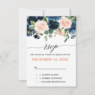 Navy Blue Blush Pink Rose Boho Wedding RSVP Kaartje