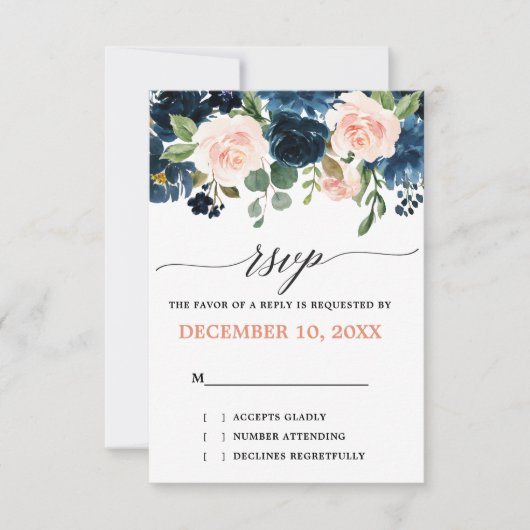 Navy Blue Blush Pink Rose Boho Wedding RSVP Kaartje (Voorkant)