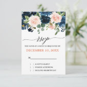 Navy Blue Blush Pink Rose Boho Wedding RSVP Kaartje (Staand voorkant)