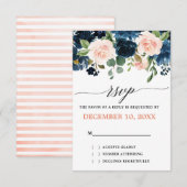 Navy Blue Blush Pink Rose Boho Wedding RSVP Kaartje (Voorkant / Achterkant)