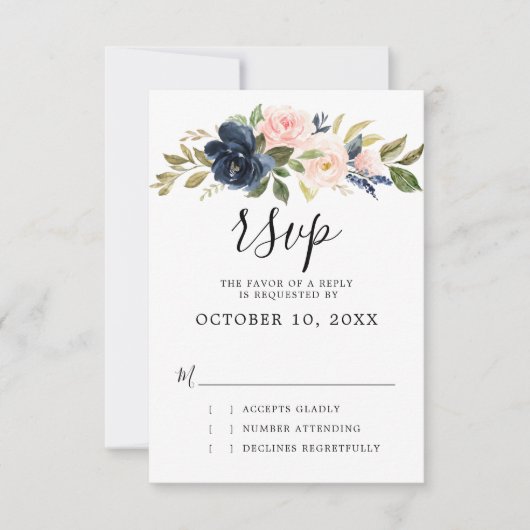 Navy Blue Blush Pink Rose Boho Wedding RSVP Kaartje (Voorkant)