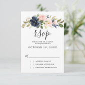 Navy Blue Blush Pink Rose Boho Wedding RSVP Kaartje (Staand voorkant)