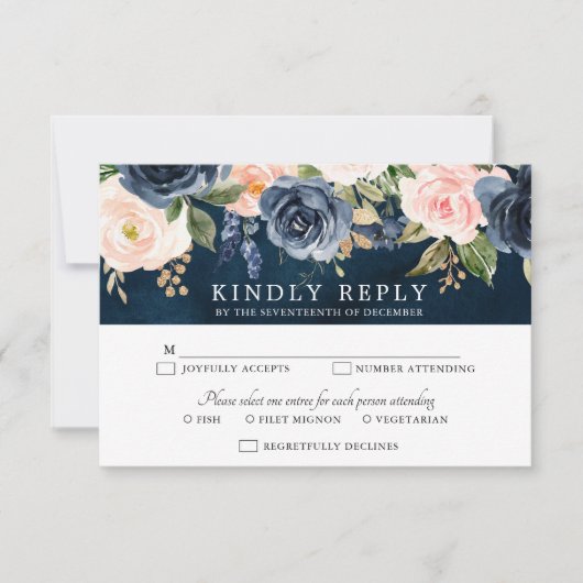 Navy Blue Blush Pink Rose Boho Wedding RSVP Kaartje (Voorkant)