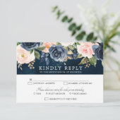 Navy Blue Blush Pink Rose Boho Wedding RSVP Kaartje (Staand voorkant)