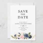 Navy Blue Blush Pink Rose Boho Wedding Save The Date (Voorkant)