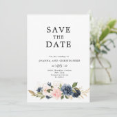Navy Blue Blush Pink Rose Boho Wedding Save The Date (Staand voorkant)