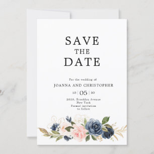 Navy Blue Blush Pink Rose Boho Wedding Save The Date