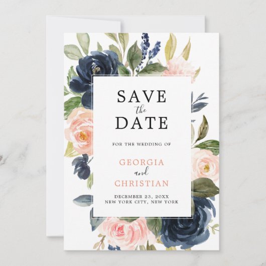 Navy Blue Blush Pink Rose Boho Wedding Save The Date (Voorkant)