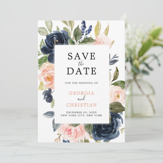 Navy Blue Blush Pink Rose Boho Wedding Save The Date (Staand voorkant)