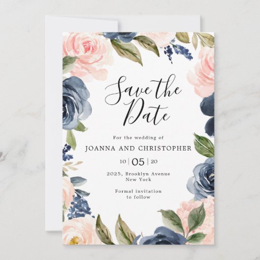 Navy Blue Blush Pink Rose Boho Wedding Save The Date (Voorkant)