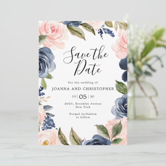 Navy Blue Blush Pink Rose Boho Wedding Save The Date (Staand voorkant)