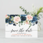 Navy Blue Blush Pink Rose Boho Wedding Save The Date (Staand voorkant)