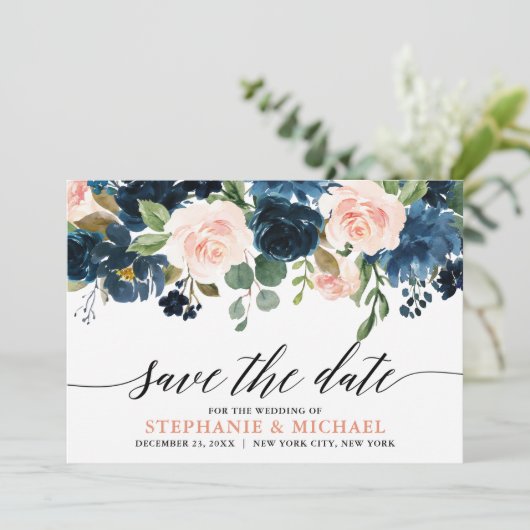 Navy Blue Blush Pink Rose Boho Wedding Save The Date (Staand voorkant)