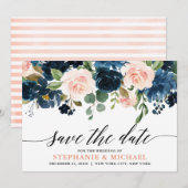 Navy Blue Blush Pink Rose Boho Wedding Save The Date (Voorkant / Achterkant)