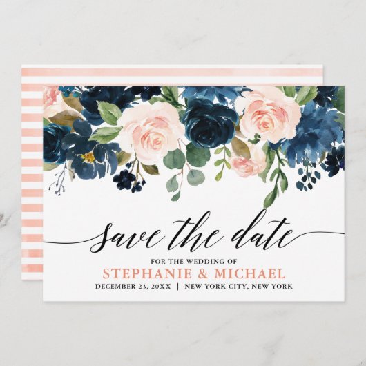 Navy Blue Blush Pink Rose Boho Wedding Save The Date (Voorkant / Achterkant)