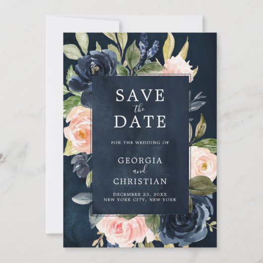 Navy Blue Blush Pink Rose Boho Wedding Save The Date (Voorkant)