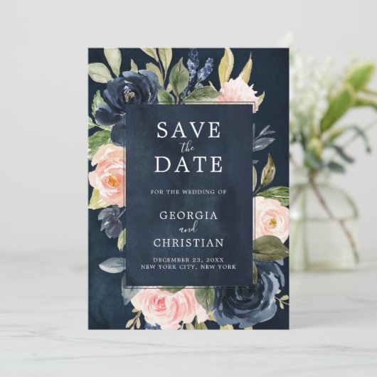 Navy Blue Blush Pink Rose Boho Wedding Save The Date (Staand voorkant)
