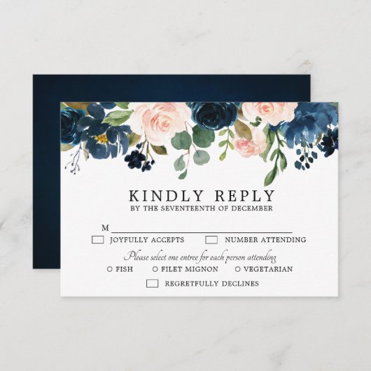 Navy Blue Blush Pink Rose Botanical RSVP Kaartje (Voorkant / Achterkant)