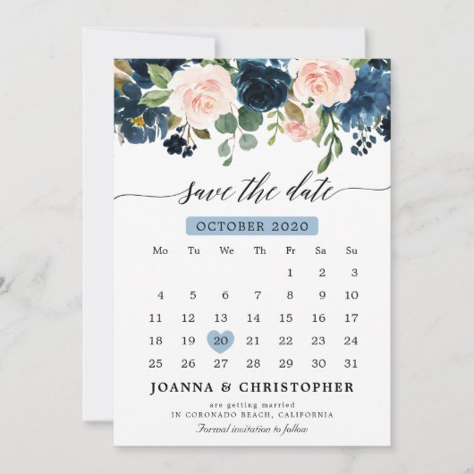 Navy Blue Blush Pink Rose Botanical Save the Date (Voorkant)