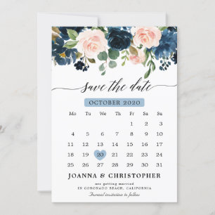 Navy Blue Blush Pink Rose Botanical Save the Date