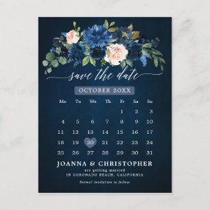 Navy Blue Blush Pink Rose Botanical Save the Date Aankondigingskaart