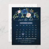 Navy Blue Blush Pink Rose Botanical Save the Date Aankondigingskaart (Voorkant / Achterkant)
