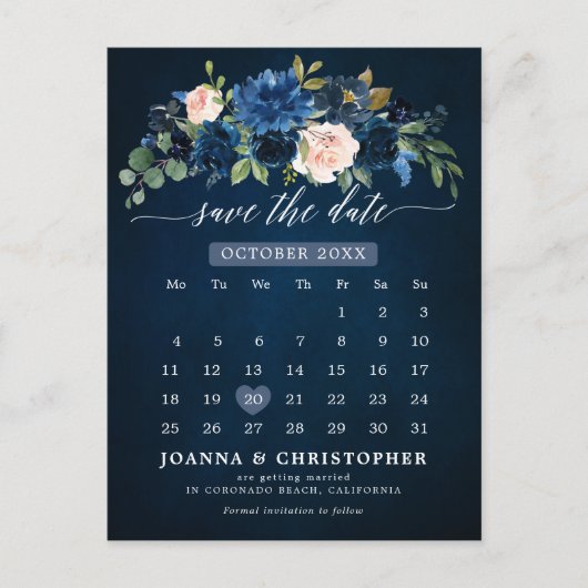 Navy Blue Blush Pink Rose Botanical Save the Date Aankondigingskaart (Voorkant)