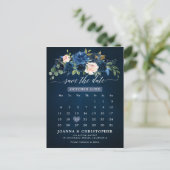 Navy Blue Blush Pink Rose Botanical Save the Date Aankondigingskaart (Staand voorkant)