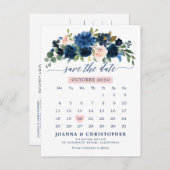 Navy Blue Blush Pink Rose Botanical Save the Date Aankondigingskaart (Voorkant / Achterkant)