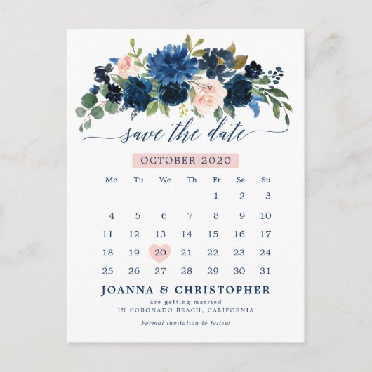 Navy Blue Blush Pink Rose Botanical Save the Date Aankondigingskaart (Voorkant)