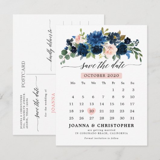 Navy Blue Blush Pink Rose Botanical Save the Date Aankondigingskaart (Voorkant / Achterkant)