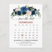 Navy Blue Blush Pink Rose Botanical Save the Date Aankondigingskaart (Voorkant)