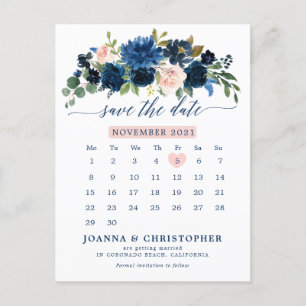 Navy Blue Blush Pink Rose Botanical Save the Date Aankondigingskaart