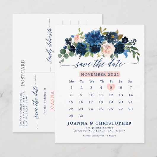 Navy Blue Blush Pink Rose Botanical Save the Date Aankondigingskaart (Voorkant / Achterkant)