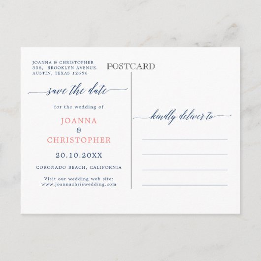 Navy Blue Blush Pink Rose Botanical Save the Date Aankondigingskaart (Achterkant)