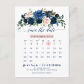 Navy Blue Blush Pink Rose Botanical Save the Date Aankondigingskaart (Voorkant)
