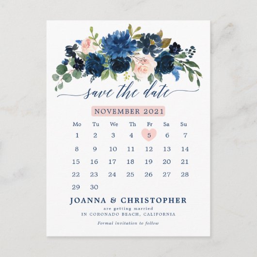 Navy Blue Blush Pink Rose Botanical Save the Date Aankondigingskaart (Voorkant)