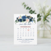 Navy Blue Blush Pink Rose Botanical Save the Date Aankondigingskaart (Staand voorkant)
