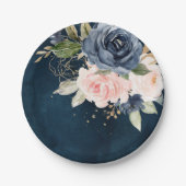 Navy Blue Blush Pink Rose Botanical Weddenschap Papieren Bordje (Voorkant)