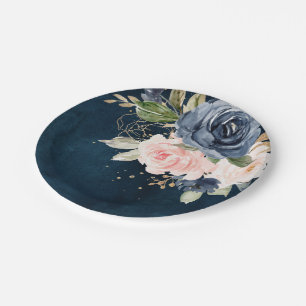 Navy Blue Blush Pink Rose Botanical Weddenschap Papieren Bordje