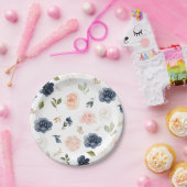 Navy Blue Blush Pink Rose Botanical Weddenschap Papieren Bordje (Feest)