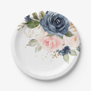 Navy Blue Blush Pink Rose Botanical Weddenschap Papieren Bordje