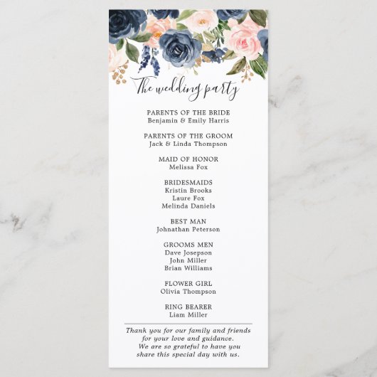 Navy Blue Blush Pink Rose Botanical Weddenschap Programmakaart (Achterkant)