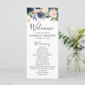 Navy Blue Blush Pink Rose Botanical Weddenschap Programmakaart (Staand voorkant)