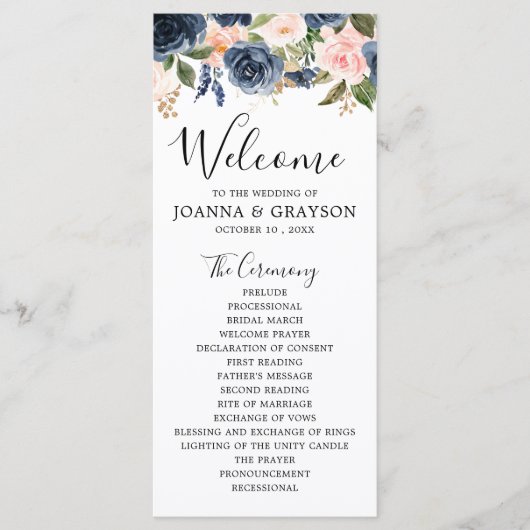 Navy Blue Blush Pink Rose Botanical Weddenschap Programmakaart (Voorkant)