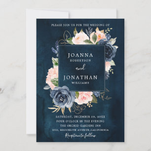 Navy Blue Blush Pink Rose Gold Boho Wedding Kaart