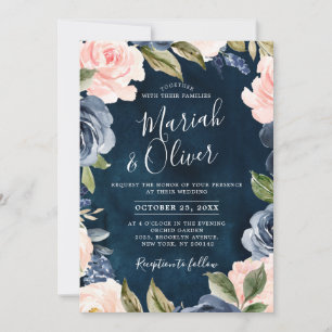 Navy Blue Blush Pink Rose Gold Boho Wedding Kaart