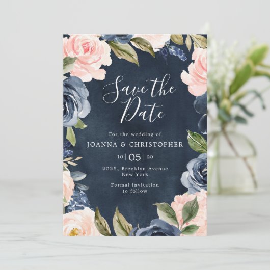 Navy Blue Blush Pink Rose Gold Boho Wedding Save The Date (Staand voorkant)