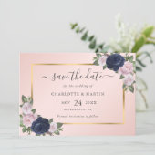 Navy Blue Blush Pink Rose Gold Wedding Save The Date (Staand voorkant)